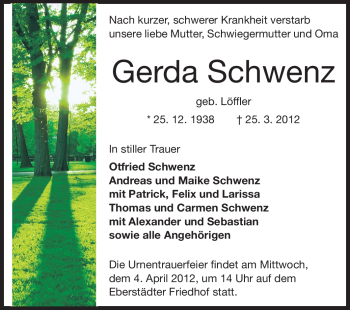 Traueranzeige von Gerda Schwenz von Echo-Zeitungen (Gesamtausgabe)