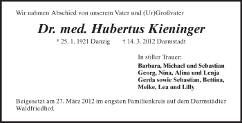 Traueranzeige von Hubertus Kieninger von Darmstädter Echo, Odenwälder Echo, Rüsselsheimer Echo, Groß-Gerauer-Echo, Ried Echo