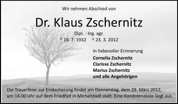 Traueranzeige von Klaus Zschernitz von Odenwälder Echo