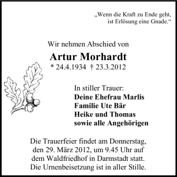 Traueranzeige von Artur Morhardt von Echo-Zeitungen (Gesamtausgabe)