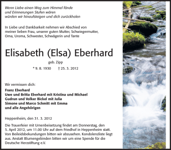 Traueranzeige von Elisabeth Eberhard von Starkenburger Echo