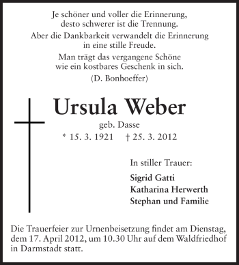 Traueranzeige von Ursula Weber von Darmstädter Echo, Odenwälder Echo, Rüsselsheimer Echo, Groß-Gerauer-Echo, Ried Echo