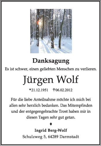 Traueranzeige von Jürgen Wolf von Echo-Zeitungen (Gesamtausgabe)