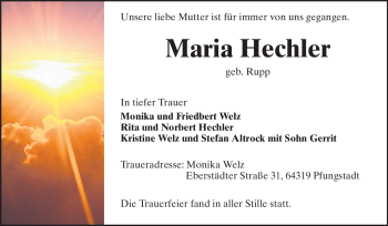 Traueranzeige von Maria Hechler von Echo-Zeitungen (Gesamtausgabe)