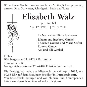 Traueranzeige von Elisabeth Walz von Echo-Zeitungen (Gesamtausgabe)