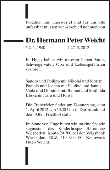 Traueranzeige von Hermann Peter Weicht von Darmstädter Echo, Odenwälder Echo, Rüsselsheimer Echo, Groß-Gerauer-Echo, Ried Echo