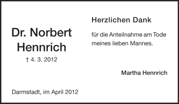Traueranzeige von Norbert Hennrich von Darmstädter Echo, Odenwälder Echo, Rüsselsheimer Echo, Groß-Gerauer-Echo, Ried Echo