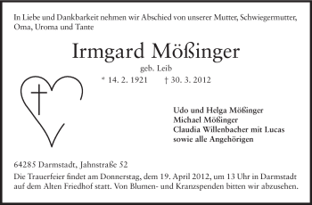 Traueranzeige von Irmgard Mößinger von Echo-Zeitungen (Gesamtausgabe)