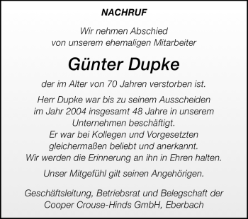 Traueranzeige von Günter Dupke von Odenwälder Echo
