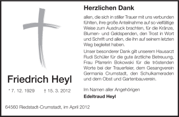 Traueranzeige von Friedrich Heyl von Rüsselsheimer Echo, Groß-Gerauer-Echo, Ried Echo