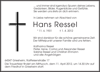 Traueranzeige von Hans Ressel von Echo-Zeitungen (Gesamtausgabe)