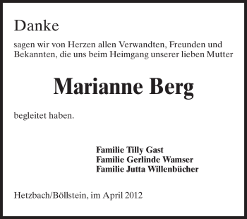 Traueranzeige von Mariane Berg von Odenwälder Echo