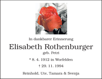 Traueranzeige von Elisabeth Rothenburger von Darmstädter Echo, Odenwälder Echo, Rüsselsheimer Echo, Groß-Gerauer-Echo, Ried Echo