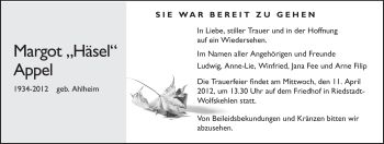 Traueranzeige von Margot Appel von Rüsselsheimer Echo, Groß-Gerauer-Echo, Ried Echo
