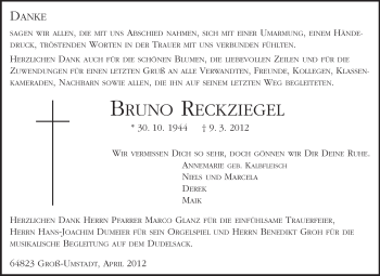 Traueranzeige von Bruno Georg Reckziegel von Echo-Zeitungen (Gesamtausgabe)