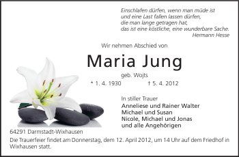 Traueranzeige von Maria Jung von Echo-Zeitungen (Gesamtausgabe)