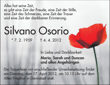 Traueranzeige von Silvano Osorio von Echo-Zeitungen (Gesamtausgabe)