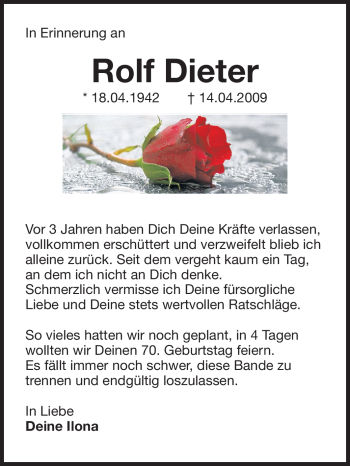 Traueranzeige von Rolf Dieter von Echo-Zeitungen (Gesamtausgabe)