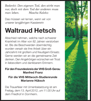 Traueranzeige von Waltraud Hetsch von Rüsselsheimer Echo, Groß-Gerauer-Echo, Ried Echo