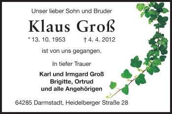 Traueranzeige von Karl Groß von Darmstädter Echo, Odenwälder Echo, Rüsselsheimer Echo, Groß-Gerauer-Echo, Ried Echo