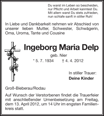 Traueranzeige von Ingeborg Maria Delp von Darmstädter Echo, Odenwälder Echo, Rüsselsheimer Echo, Groß-Gerauer-Echo, Ried Echo