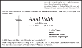 Traueranzeige von Anni Veith von Echo-Zeitungen (Gesamtausgabe)