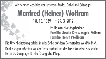 Traueranzeige von Manfred Wolfram von Darmstädter Echo, Odenwälder Echo, Rüsselsheimer Echo, Groß-Gerauer-Echo, Ried Echo
