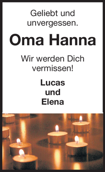 Traueranzeige von Hanna  von Echo-Zeitungen (Gesamtausgabe)