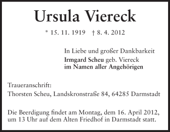 Traueranzeige von Ursula Viereck von Echo-Zeitungen (Gesamtausgabe)