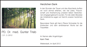 Traueranzeige von Gunter Trieb von Echo-Zeitungen (Gesamtausgabe)