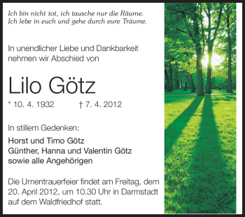 Traueranzeige von Lilo Götz von Darmstädter Echo, Odenwälder Echo, Rüsselsheimer Echo, Groß-Gerauer-Echo, Ried Echo