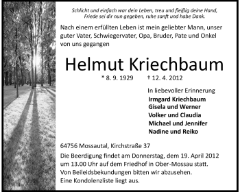 Traueranzeige von Helmut Kriechbaum von Odenwälder Echo