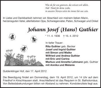 Traueranzeige von Johann Josef (Hans) Guthier von Odenwälder Echo