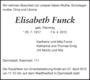 Traueranzeige von Esliabeth Funck von Darmstädter Echo, Odenwälder Echo, Rüsselsheimer Echo, Groß-Gerauer-Echo, Ried Echo