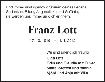 Traueranzeige von Franz Lott von Echo-Zeitungen (Gesamtausgabe)