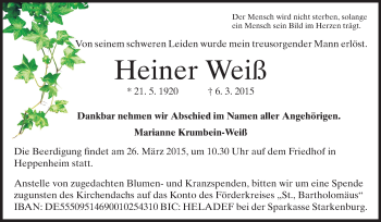 Traueranzeige von Heiner Weiß von Starkenburger Echo