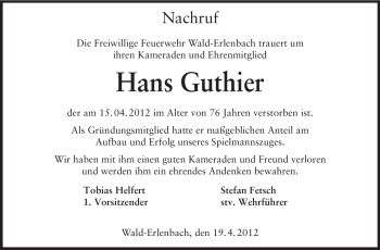 Traueranzeige von Johann Josef (Hans) Guthier von Starkenburger Echo