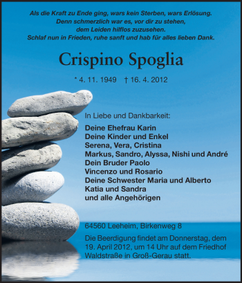Traueranzeige von Crispino Spoglia von Rüsselsheimer Echo, Groß-Gerauer-Echo, Ried Echo