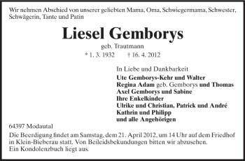 Traueranzeige von Liesel Gemborys von Echo-Zeitungen (Gesamtausgabe)