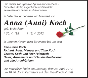 Traueranzeige von Anna Koch von Echo-Zeitungen (Gesamtausgabe)
