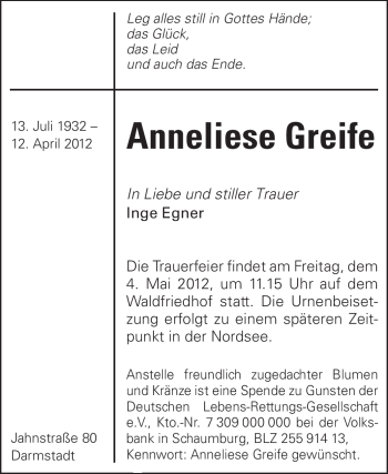 Traueranzeige von Anneliese Greife von Echo-Zeitungen (Gesamtausgabe)