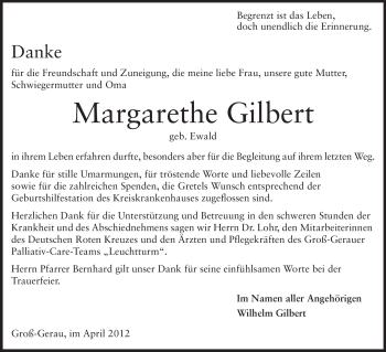 Traueranzeige von Margarethe Gilbert von Rüsselsheimer Echo, Groß-Gerauer-Echo, Ried Echo