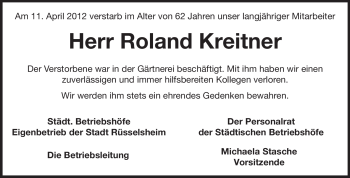Traueranzeige von Roland Kreitner von Rüsselsheimer Echo, Groß-Gerauer-Echo, Ried Echo