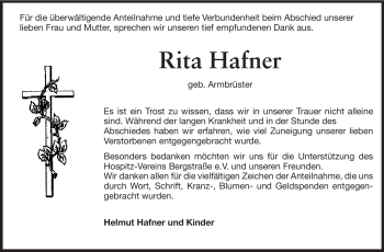 Traueranzeige von Rita Hafner  von Starkenburger Echo