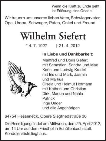 Traueranzeige von Wilhelm Siefert von Echo-Zeitungen (Gesamtausgabe)