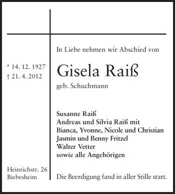 Traueranzeige von Gisela Raiß von Echo-Zeitungen (Gesamtausgabe)