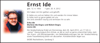 Traueranzeige von Ernst Ide von Echo-Zeitungen (Gesamtausgabe)