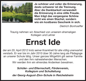 Traueranzeige von Ernst Ide von Odenwälder Echo