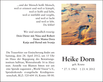 Traueranzeige von Heike Dorn von Rüsselsheimer Echo, Groß-Gerauer-Echo, Ried Echo
