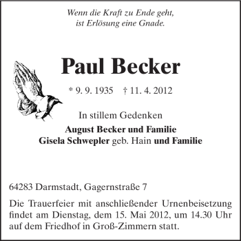 Traueranzeige von Paul Becker von Echo-Zeitungen (Gesamtausgabe)